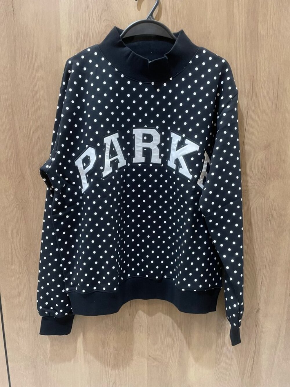 PARKE Varsity Letter Polka Dot Mock Neck Pullover Sweatshirt